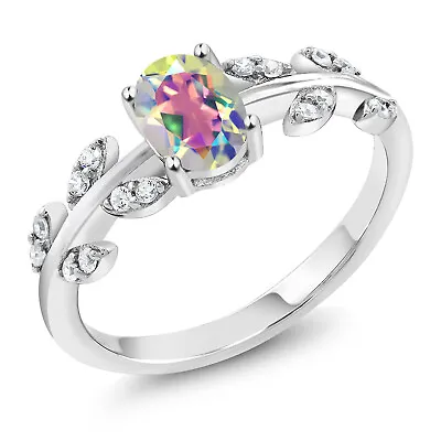 925 Sterling Silver 1.21 Ct Oval Mercury Mist Mystic Topaz Solitaire Leaf Ring • $68