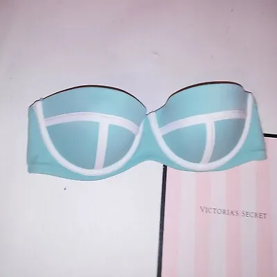 Victoria Secret Swim Bikini Top 34C Blue White Strapless Bandeau Lightly Lined • $29.99