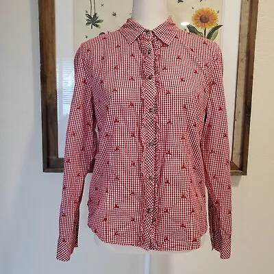 Vintage Country Line Red & White Reindeer Ruffle Button Top Women's Small • $28