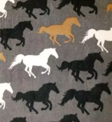 Printed Polar Fleece Fabric Material - HORSES SILVER • £1.99