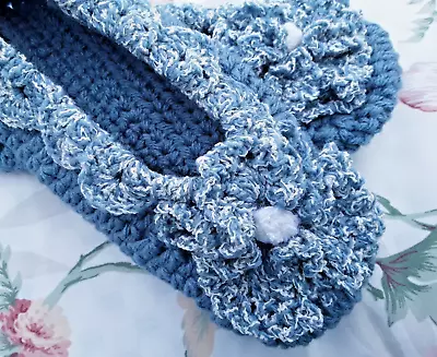 New Large Crochet Women's Bedroom House Slippers Pansy Blue & White Frosted • $7.50