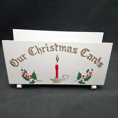 Vintage Metal Christmas Card Holder Holiday Mid Century Holly Candle White  • $12.99