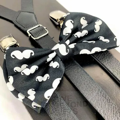 Suspender And Bow Tie Adult Skinny Black Leather Mustaches Formal Wear Accessory • $9.50
