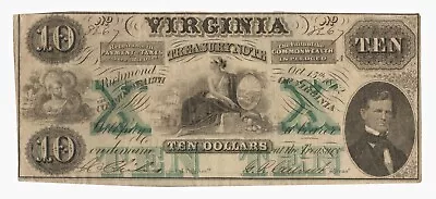 1862 $10 Virginia Treasury Note – Civil War Era Obsolete Currency #8367 • $148.95