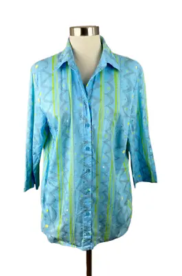 Marimekko Mika Piirainen M Blue Green Print Button Front Shirt 3/4 Sleeve • $49.50