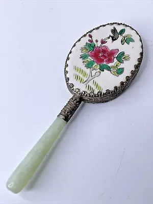 Vintage Asian Jadeite Porcelain Hand Held Vanity Mirror NO Box Flower Bird 6” • $24.99