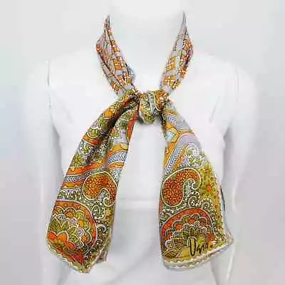 Vintage Vera Neumann Paisly Printed Scarf Orange Gray Multi Satin Twill Kerchief • $25