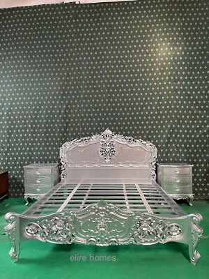 UK STOCK ~  Silver Grey Super King Hand Carved Mahogany Solid Wood Rococo Bed • $1863.78