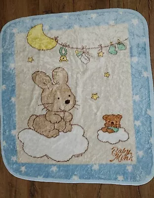 VTG Baby Mink Plush Blanket Blue White Moon Bunny Bear Stars Bottle Rattle Socks • $68