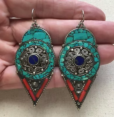 Bali Earrings Stone Inlay Caviar Middle Eastern Vintage Statement Silvertone 3   • $60