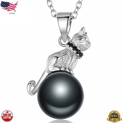 Pearl Cat & Moon Pendant Necklace 925 Sterling Silver Plated Jewelry Gift Party • $4.24