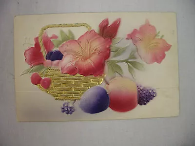 Vintage Embossed Greeting Postcard Basket Of Fruit & Flowers Pastel Colors • $3.99