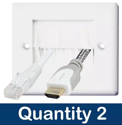 2 X Single 1 Gang Brush Wall Outlet Plate White Brushes Cable Entry Face Plate • £4.99