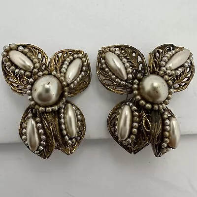 Vintage Miriam Haskell Gold Gilt Filigree Pearl Clip Earrings • $23.50