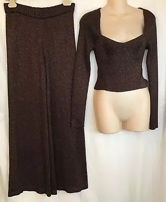 $185 • Buy Staud Top Size S And Pants Brown Daisy Glitter Knit Stretch Flare Leg Size XS