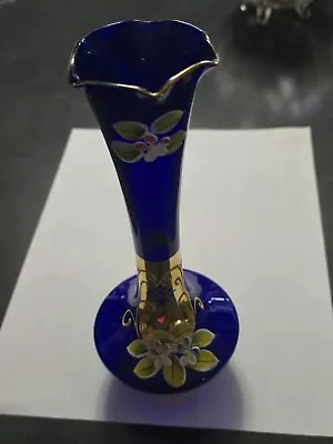 Venetian Glass Vase Hand Painted Cobalt Blue. • $3.99
