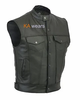 Leather Waistcoat Mens Son OF Anarchy Motorcycle Biker Real Vest Motorbike Black • £34.98