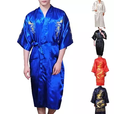 Men Bathrobe Sleepwear Dragon Embroidery Gown Kimono Mens Size M-2XL US • $25.06
