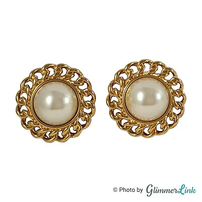 Vintage Marvella Faux Pearl Chain Link Gold Tone Clip On Earrings • $24.99