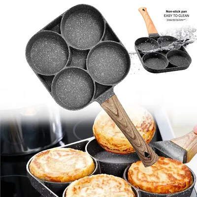 Non Stick 4 Holes Egg Fry Pan Pancake Maker Egg Burger Pan With Wooden Handle UK • £9.49