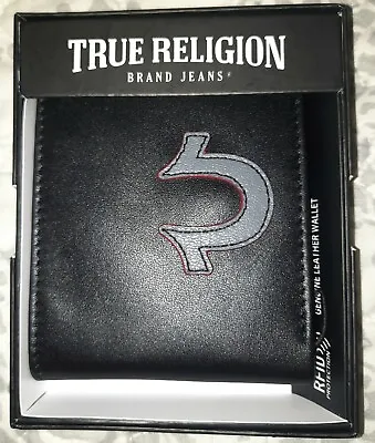 $27.97 • Buy True Religion Brand Jeans Mens Sizer Black Genuine Leather BiFold RFID Wallet 