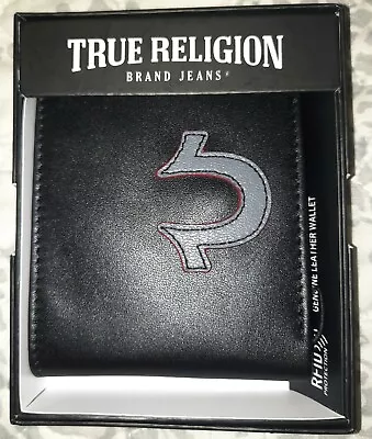 $27.97 • Buy True Religion Brand Jeans Mens Sizer Black Genuine Leather BiFold RFID Wallet 