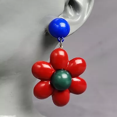 Vintage Large Red Flower Bold Dangle Earrings Huge Retro Blue Green  • $27