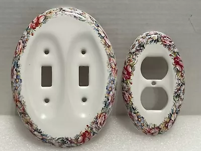 Vintage 7  Porcelain Ceramic White Floral Double Switch Plate Cover 5.5  Outlet • $29.66