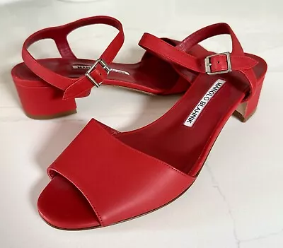 Manolo Blahnik Red Leather Heels Pump 37.5 37 1/2 New Without Box Pristine Cond • $325