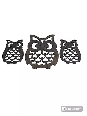 Set Of 3 Vintage MCM Retro Rustic Iron Metal Owl Trivets Made In Taiwan  • $29.99