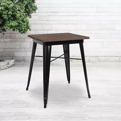Prince 23.5  Square Black Metal Indoor Table With Walnut Rustic Wood Top • $127.92