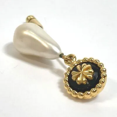 CHANEL Pin Brooch Black & Gold Round Clover Icon Teardrop Pearl Dangle Vintage • $438.78