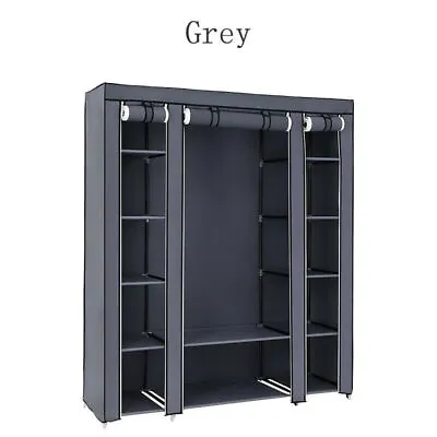 Large Grey Fabric Canvas Wardrobe Clothes Hanging Rail Shelves Storage Cupboard  • £17.99