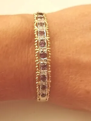 9ct Gold Amethyst & Diamond Hinged Bangle Bracelet Hallmarked 11.6g 7 Inch 9mm • £375