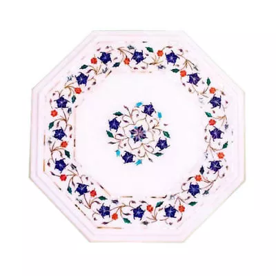 12  Semi Precious Stones Lapis Floral Work White Side Marble Table Top  • $298.48