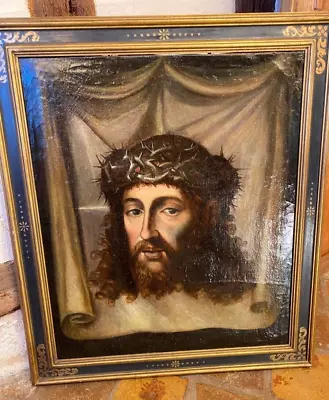 Antique Oil Canvas Painting Christ Portrait Jesus Veronica Crown Thorns Od 18th • $3799