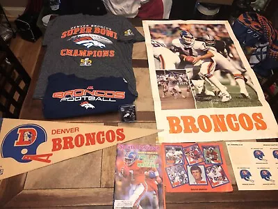 $30 • Buy Vtg Denver Broncos Football Fan Lot, Pennant, John Elway Poster, Champ Shirt,