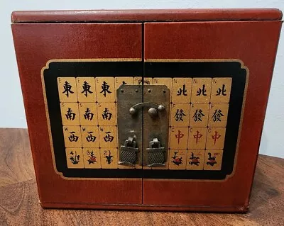 Vintage Travel Tibetan Mahjong Set 144 Bamboo Tiles 5 Draw Compact Cabinet Case • $275