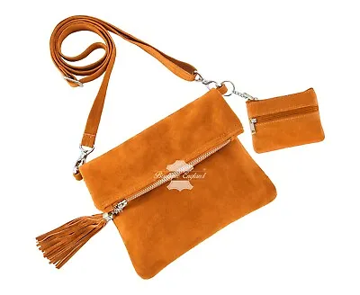 Women's Suede Real Leather Messenger Bag Fold-Over Crossbody Bag With Coin Pouch • £29.99