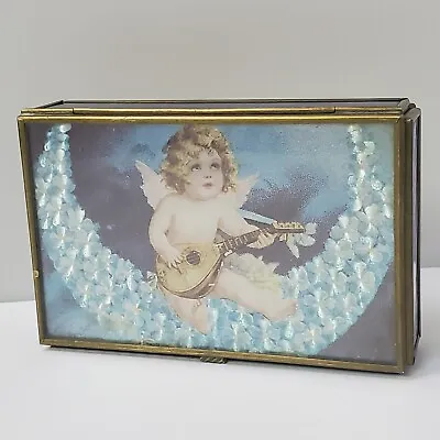 Vintage Music Box Blue Angel Wind Up Brass Glass Hinged Lid Jewelry Trinket MX • $27.59