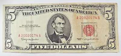 1963 Red Seal Five Dollar $5 Bill [Circulated] • $12.99