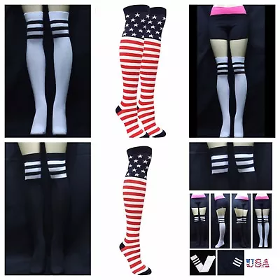 Womens 9-11 Teen US Flag Over Knee High Socks 22  White Black Stripes Thin Tight • $7.99