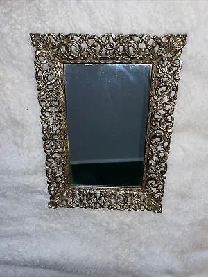 Vintage Mirror Vanity Tray 13.5x10 Brass Tone Scroll Footed Rectangle • $39.99