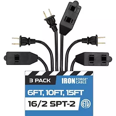 Black Extension Cord 3 Pack 6ft 10ft & 15ft - 16/2 Durable Electrical Cable • $17.98