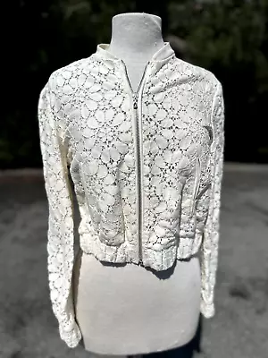 Zara Basic Collection Jacket Women Large Ivory Floral Lace Front Zip Long Sleeve • $16