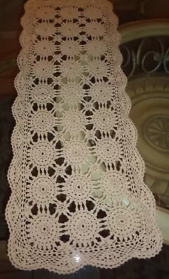 Vintage Crochet Lace Table Runner Medallions Ivory Cotton 33x12 • $6.44