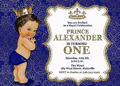 Prince Royal King Blue Gold First Birthday One Birthday Party Invitation • $65