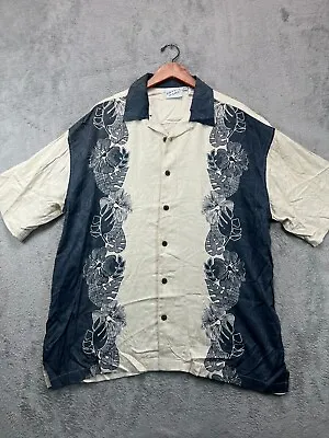 VTG Irvine Park Silk Blend Shirt Mens 2XL Blue Beige Cuban Floral Button Up • $19.45