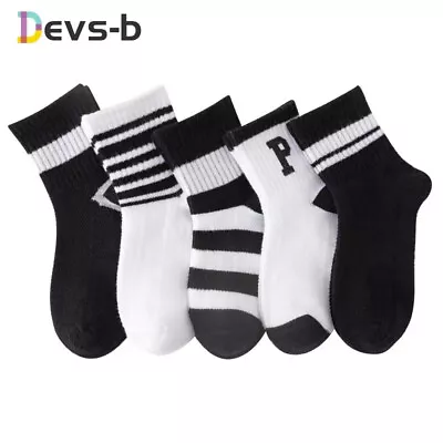 5 Pairs Baby Girls Boys Black Striped Design Casual Summer White Trainer Socks • £6.99