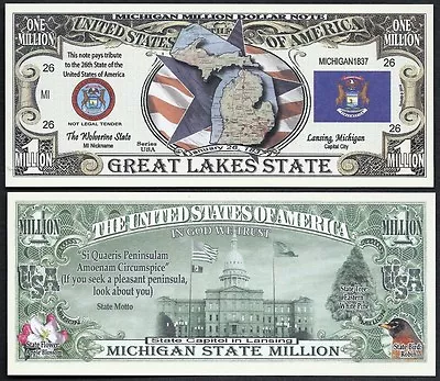 MICHIGAN STATE MILLION DOLLAR BILL W MAP SEAL FLAG CAPITOL - Lot Of 2 BILLS • $2.49